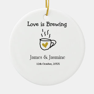 Love is Brewing coffee mug gold heart couple name  Ceramic Ornament