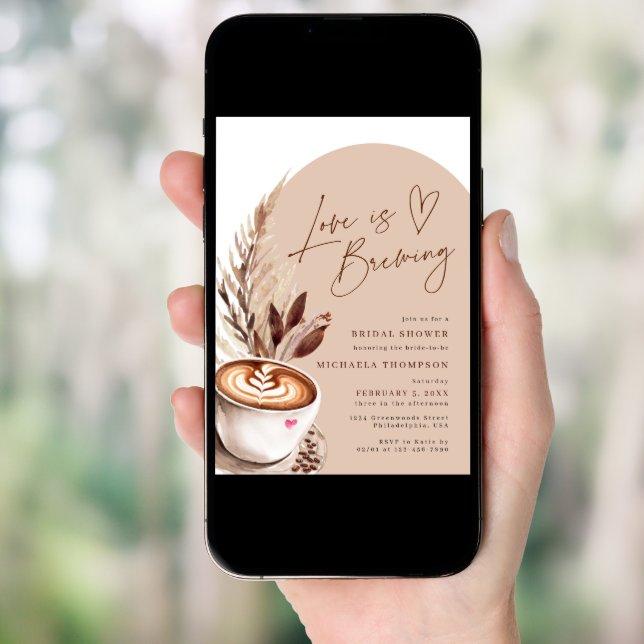 Love is Brewing Coffee Pampas Bridal Shower Invitation (Front Digital)