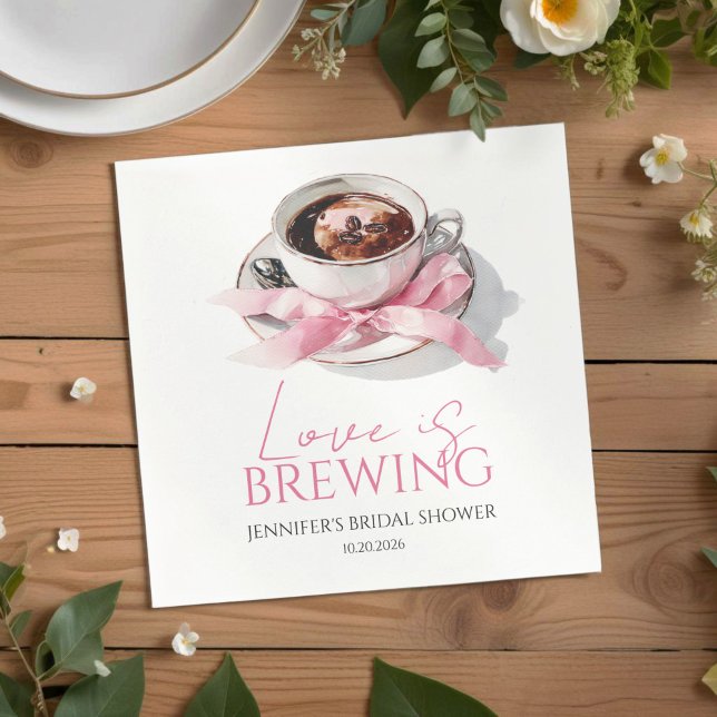 Love Is Brewing Coffee Pink Bow Bridal Shower Napkins (Creator Uploaded)