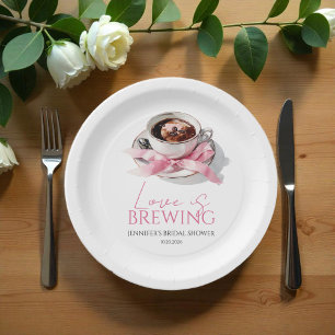 Love Is Brewing Coffee Pink Bow Bridal Shower Paper Plates