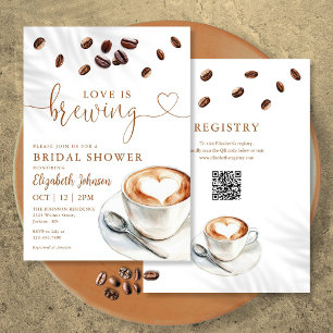 Love Is Brewing Coffee QR Code Bridal Shower Invitation