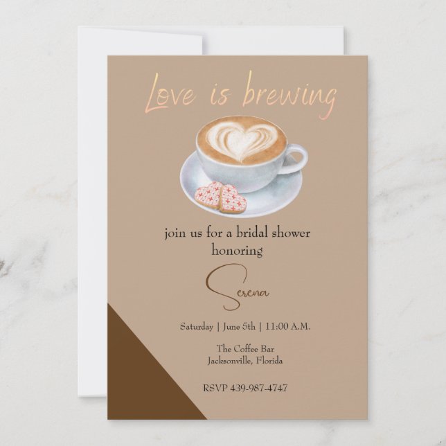 Love is brewing, coffee shop bridal shower invitation (Front)