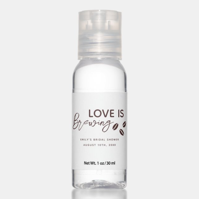 Love is Brewing Coffee Theme Bridal Shower Hand Sanitizer (Front)