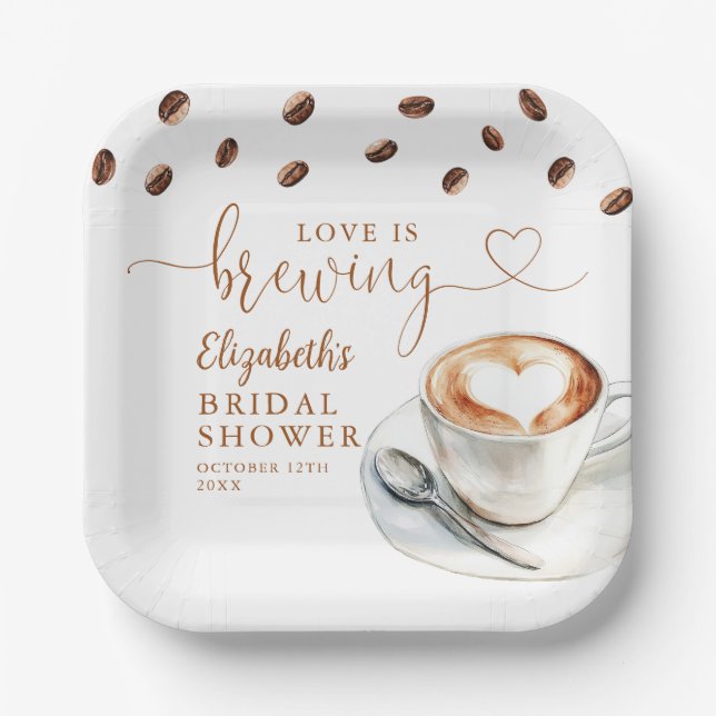 Love Is Brewing Coffee Theme Bridal Shower Paper Plates (Front)