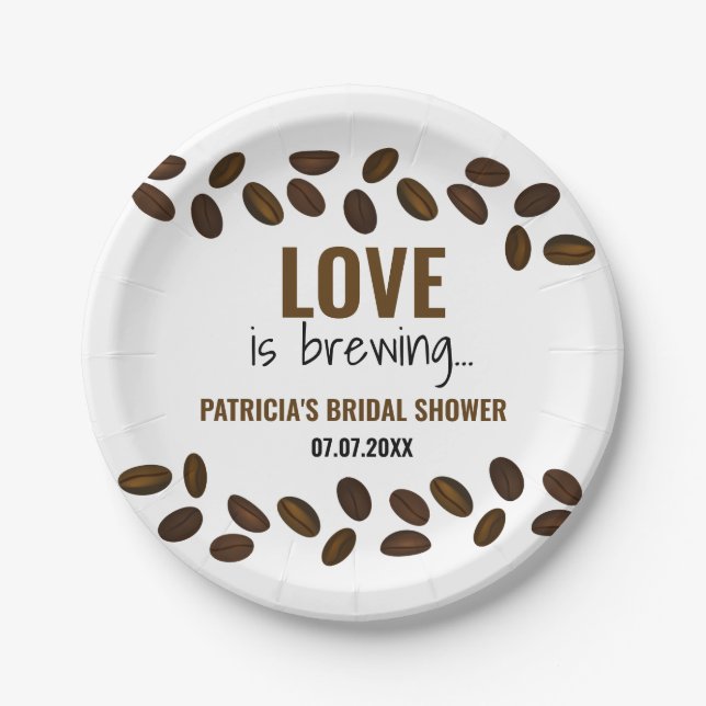 Love Is Brewing Coffee Themed Bridal Shower Paper Plates (Front)