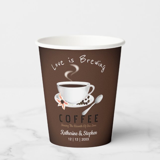 Love Is Brewing Coffee Wedding Favor Paper Cups (Back)
