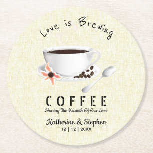 Love Is Brewing Coffee Wedding Favor Round Paper Coaster