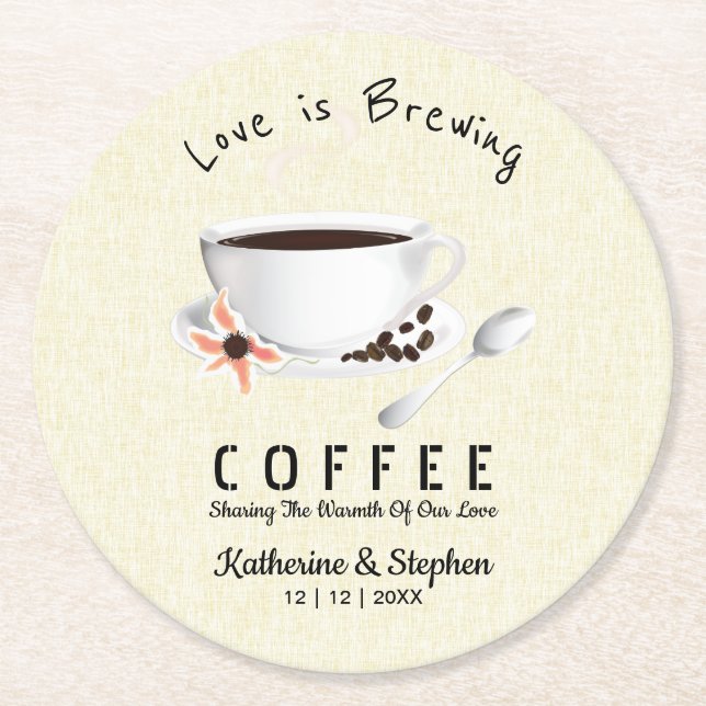 Love Is Brewing Coffee Wedding Favor Round Paper Coaster (Front)