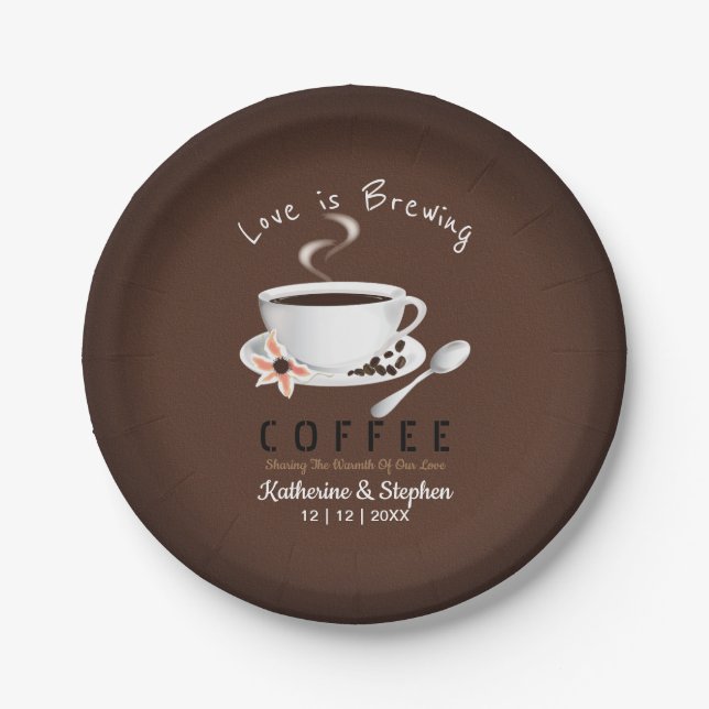 Love Is Brewing Coffee Wedding Paper Plates (Front)