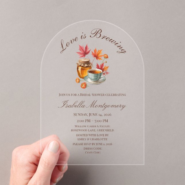 Love Is Brewing Cozy Tea Bridal Shower Acrylic Invitations (Insitu (Handheld))