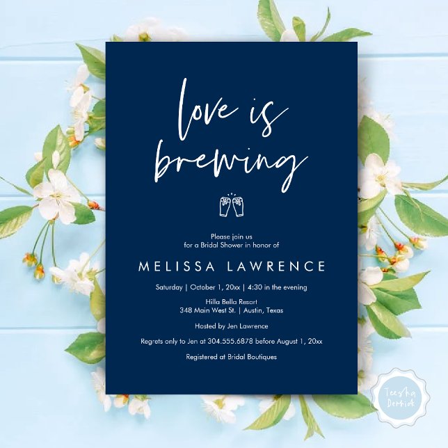 Love is brewing, Elegance Bridal Shower Beer Party Invitation (Love is brewing, Modern Elegance Bridal Shower Beer Party Invitation Card, PDF, in Navy Blue)