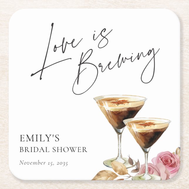 Love is Brewing Elegant Bridal Shower Square Paper Coaster (Front)