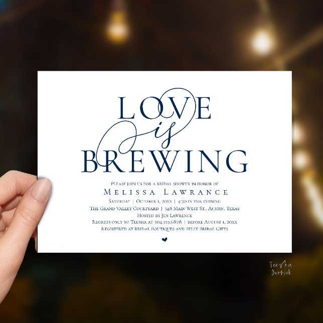 Love Is Brewing Elegant Script Bridal Shower Invitation (Love Is Brewing Elegant Script Bridal Shower Invitation Card Beer Wine Bar in Navy Blue)