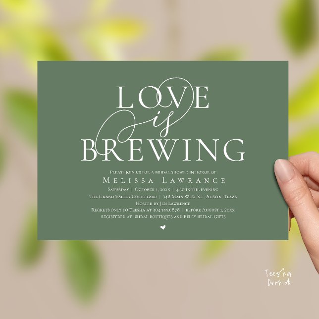 Love Is Brewing Elegant Script Bridal Shower Invitation (Love Is Brewing Elegant Script Bridal Shower Invitation Card Beer Wine Bar in Sage Green)