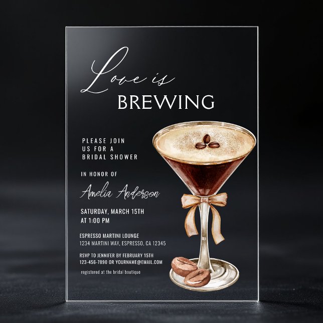 Love is Brewing Espresso Martini Bridal Shower Acrylic Invitations (Creator Uploaded)