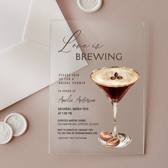 Love is Brewing Espresso Martini Bridal Shower Acrylic Invitations (Creator Uploaded)