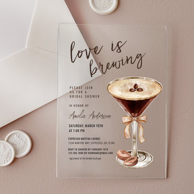 Love is Brewing Espresso Martini Bridal Shower Acrylic Invitations (Creator Uploaded)