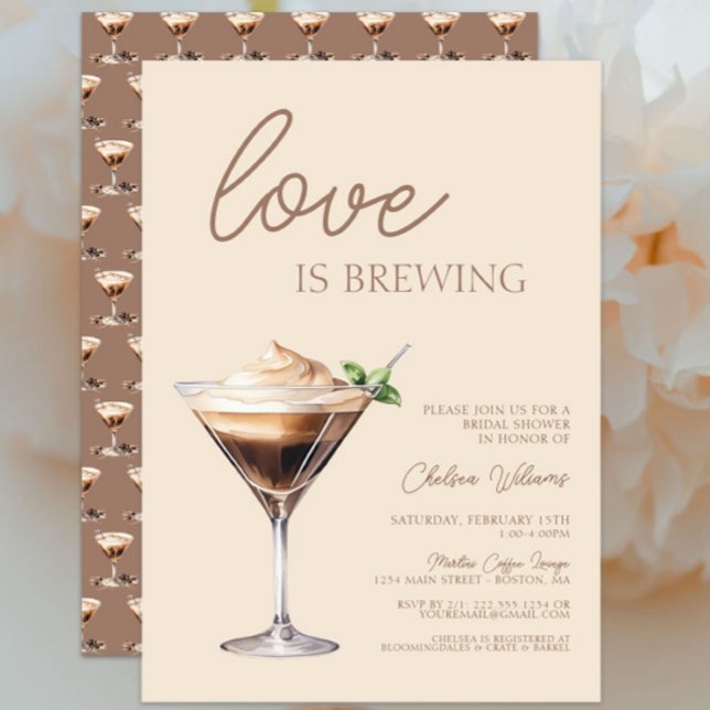 Love is Brewing Espresso Martini Bridal Shower Invitation (Love is brewing Espresso Martini Bridal Shower Invitation, Bridal Brunch, Brown, Modern Chic Trendy)