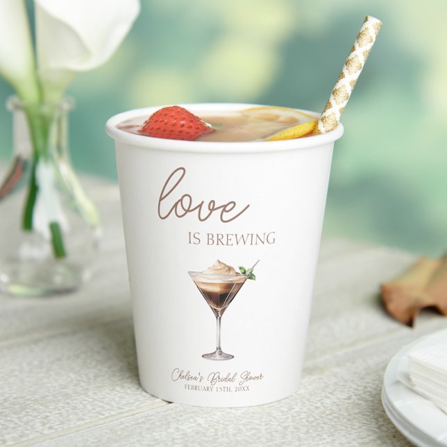 Love is Brewing Espresso Martini Bridal Shower Paper Cups (Love is Brewing Espresso Martini Bridal Shower Coffee Cup with Lid, Bridal Brunch, Coffee Bar, Chic)