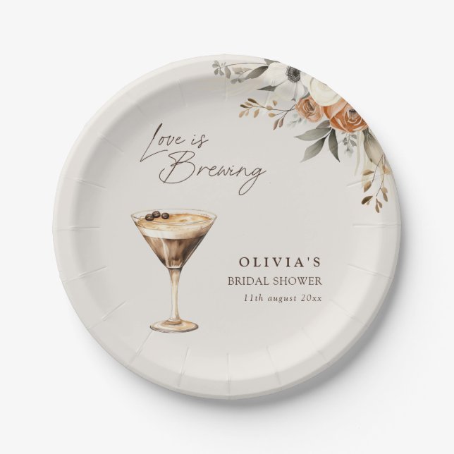 Love is Brewing Espresso Martini Bridal Shower Paper Plates (Front)