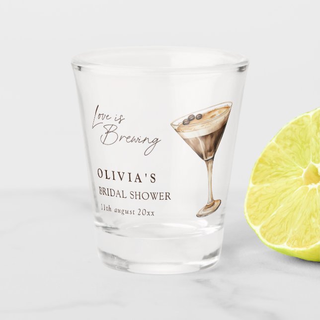 Love is Brewing Espresso Martini Bridal Shower Shot Glass (Front)