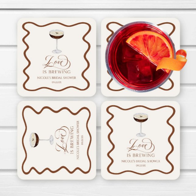 Love Is Brewing Expresso Martini Bridal Shower Square Paper Coaster (Creator Uploaded)