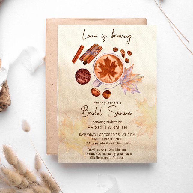 Love is brewing fall autumn bridal shower invitation (Fall bridal shower template invitation love is brewing cup of hot chocolate cinnamon spice maple)