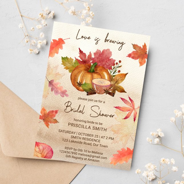 Love is brewing fall autumn bridal shower invitation (Love is brewing fall bridal shower template invitation watercolor pumpkin cup of tea maple leaves)