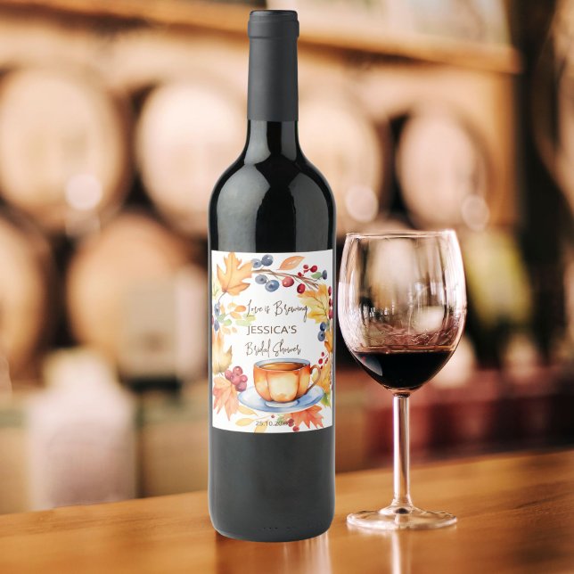 Love is brewing fall bridal shower favors wine label (Love is brewing fall themed bridal shower personalized wine bottle labels)