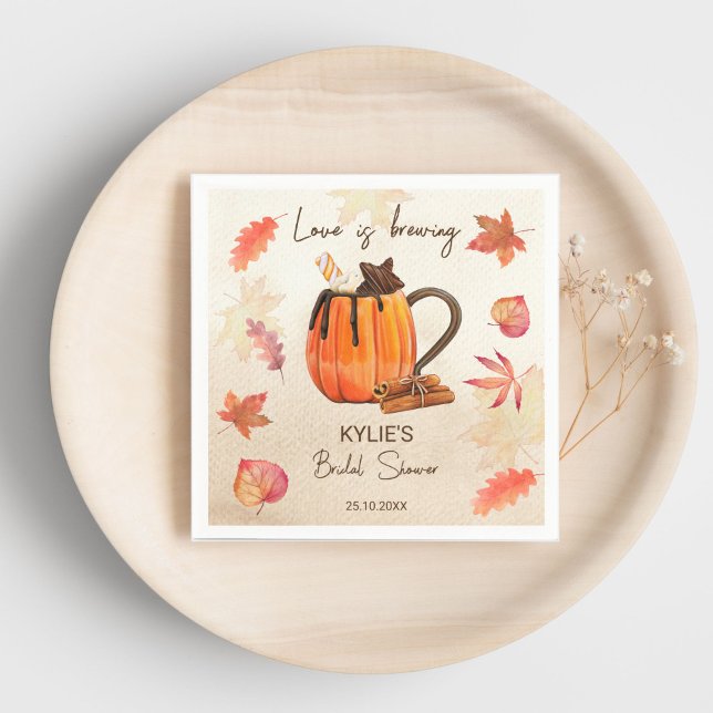 Love is brewing fall bridal shower monogrammed napkins (Love is brewing fall bridal shower monogrammed printed napkins pumpkin mug spices maple leaves)