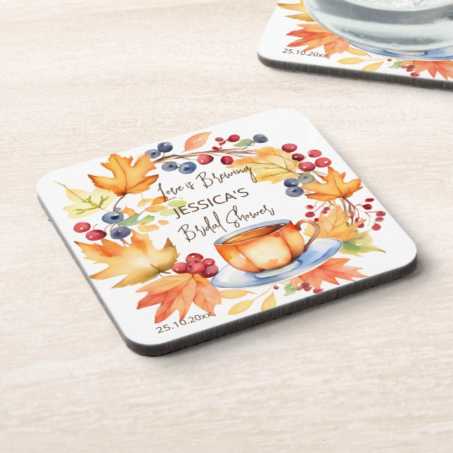 Love is brewing fall bridal shower tableware favor beverage coaster (Left Side)