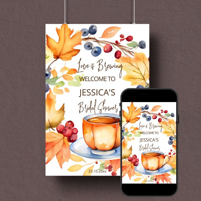 Love is brewing fall bridal shower welcome sign (Love is brewing fall bridal tea party bridal shower template welcome sign poster digital download)