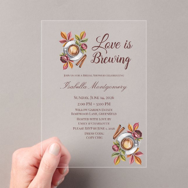 Love Is Brewing Fall Coffee Bridal Shower Acrylic Invitations (Insitu (Handheld))