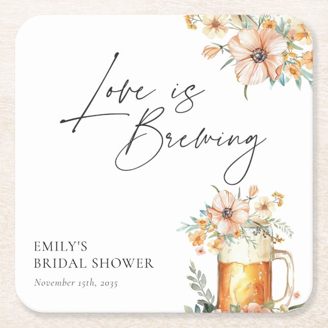 Love is Brewing Floral Bridal Shower Square Paper Coaster (Front)