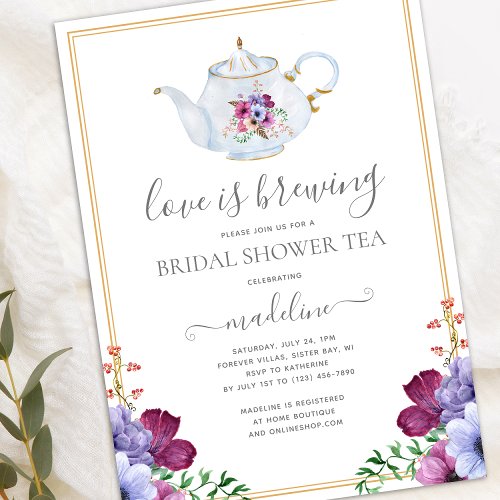Love is Brewing Floral Bridal Shower Tea Party Invitation