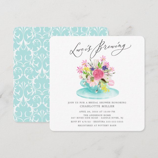 Love is Brewing Floral Bridal Tea Shower Invitatio Invitation (Front/Back)