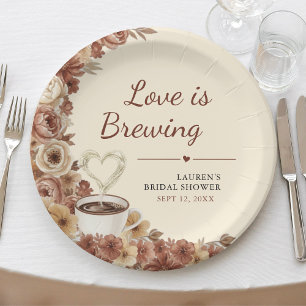 Love is Brewing Floral Coffee Heart Bridal Shower Paper Plates