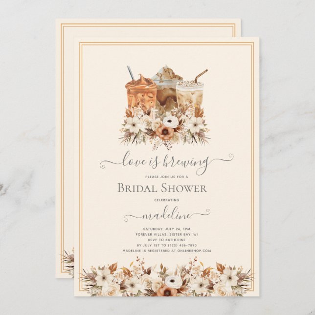 Love is Brewing Floral Iced Coffee Bridal Shower Invitation (Front/Back)
