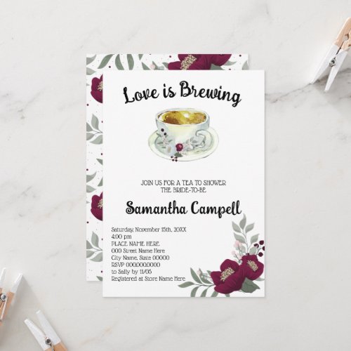 Love is Brewing Floral Marsala Tea Bridal Shower Invitation