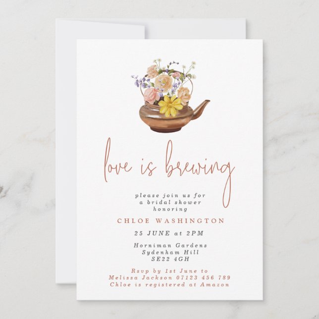 Love is Brewing Floral Teapot Bridal Shower Invitation (Front)