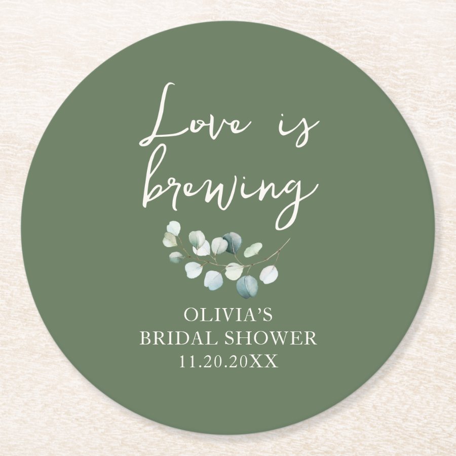 Love is Brewing Garden Greenery Bridal Shower Round Paper Coaster