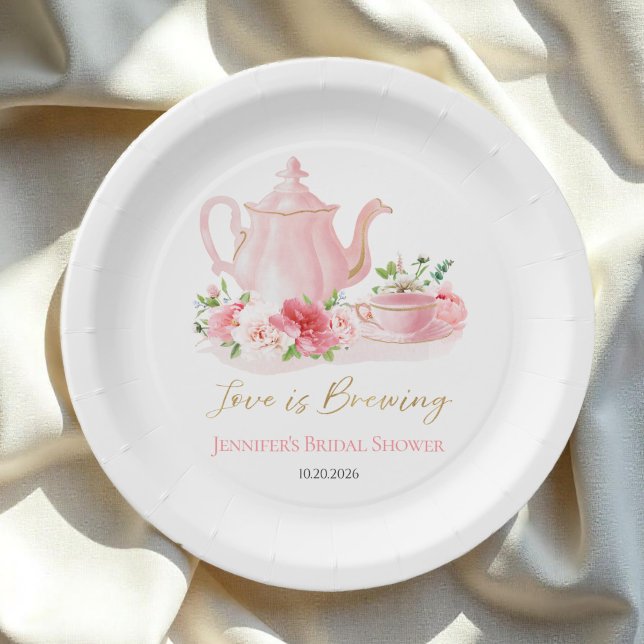 Love is Brewing | Gilded Pink Bridal Shower Paper Plates (Creator Uploaded)