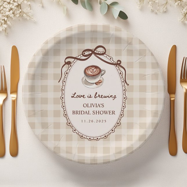 Love is Brewing Gingham Coffee Bridal Shower Paper Plates (Creator Uploaded)