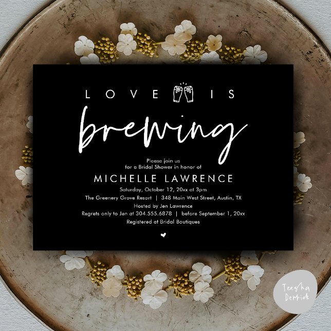 Love is brewing, Gorgeous Bridal Shower Beer Party Invitation (Love is brewing, Gorgeous Bridal Shower Beer Party modern Invitation card pdf in classy black)