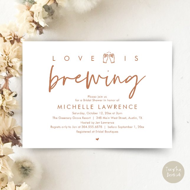 Love is brewing, Gorgeous Bridal Shower Beer Party Invitation (Love is brewing, Gorgeous Bridal Shower Beer Party modern Invitation card pdf in copper brown)