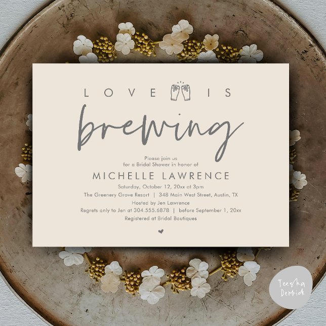 Love is brewing, Gorgeous Bridal Shower Beer Party Invitation (Love is brewing, Gorgeous Bridal Shower Beer Party modern Invitation card pdf in cream grey)