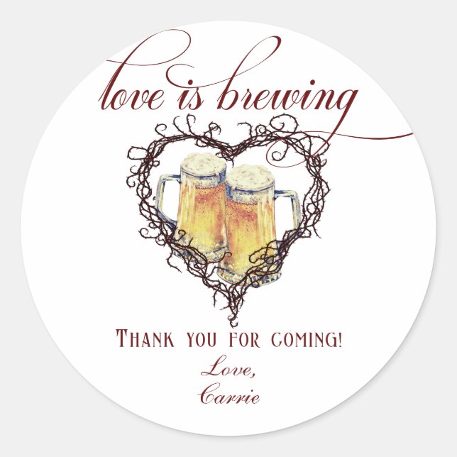 Love is Brewing Gothic Heart Beer Bridal Shower Classic Round Sticker (Front)