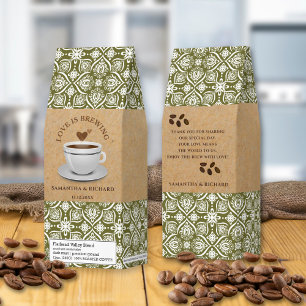 Love Is Brewing Green Damask Kraft Wedding Favor Roasted Coffee