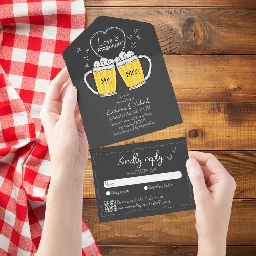 Love is Brewing Hand Drawn Beer Glasses Wedding All In One Invitation