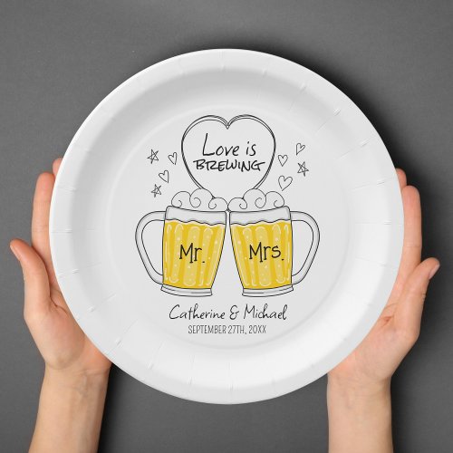 Love Is Brewing Hand Drawn Beer Glasses Wedding Paper Plates